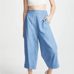 Madewell Cotton Linen Blend Blue Chambray Crop Wide-Leg Pull-on Pants XS